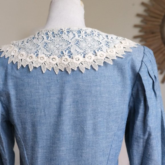 Vintage Gunne Sax 70s Blue Prairie  Cottagecore Maxi Dress - Picture 8 of 13